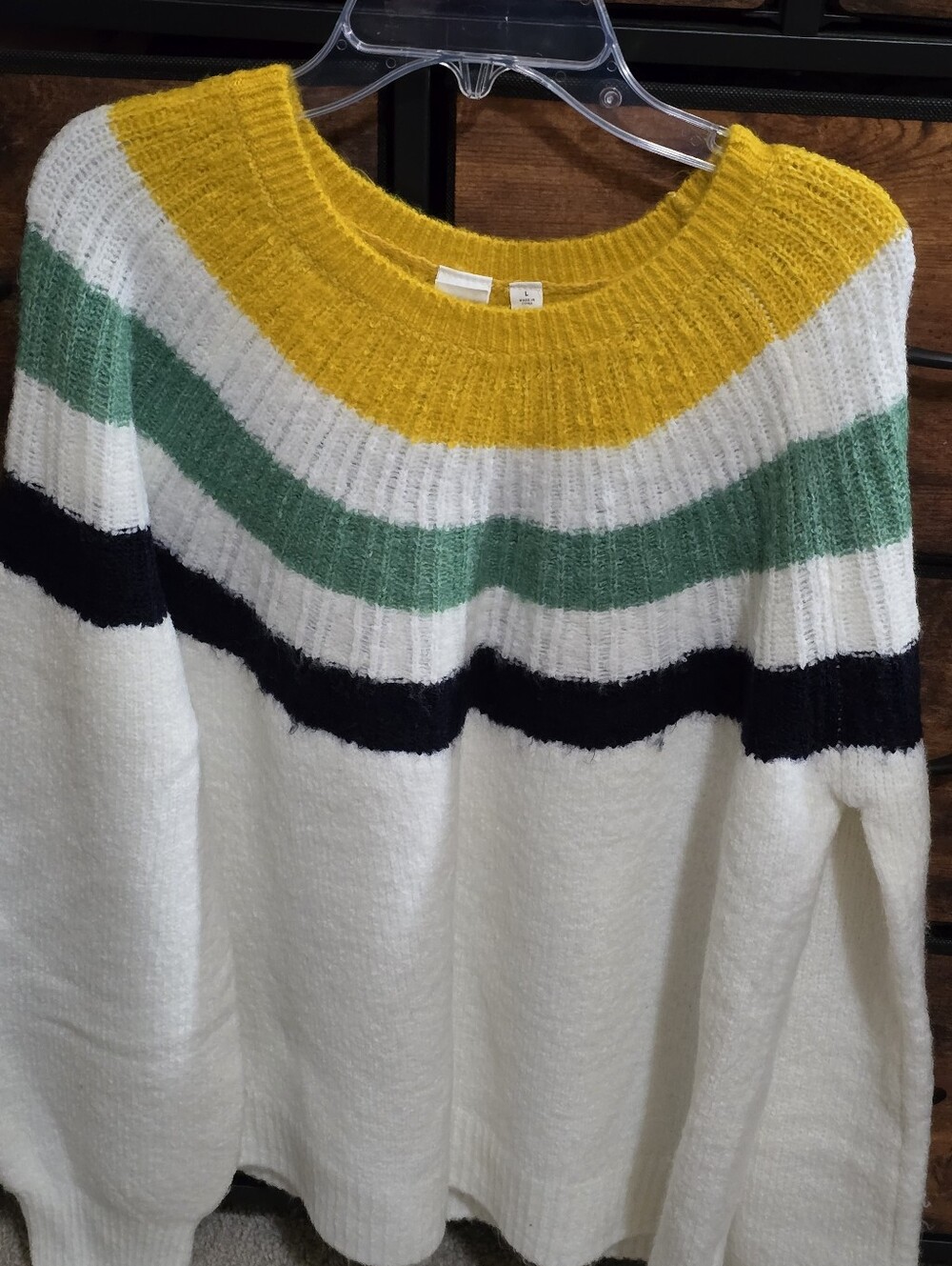 Women’s Cream Striped Sweater with Yellow Neckline